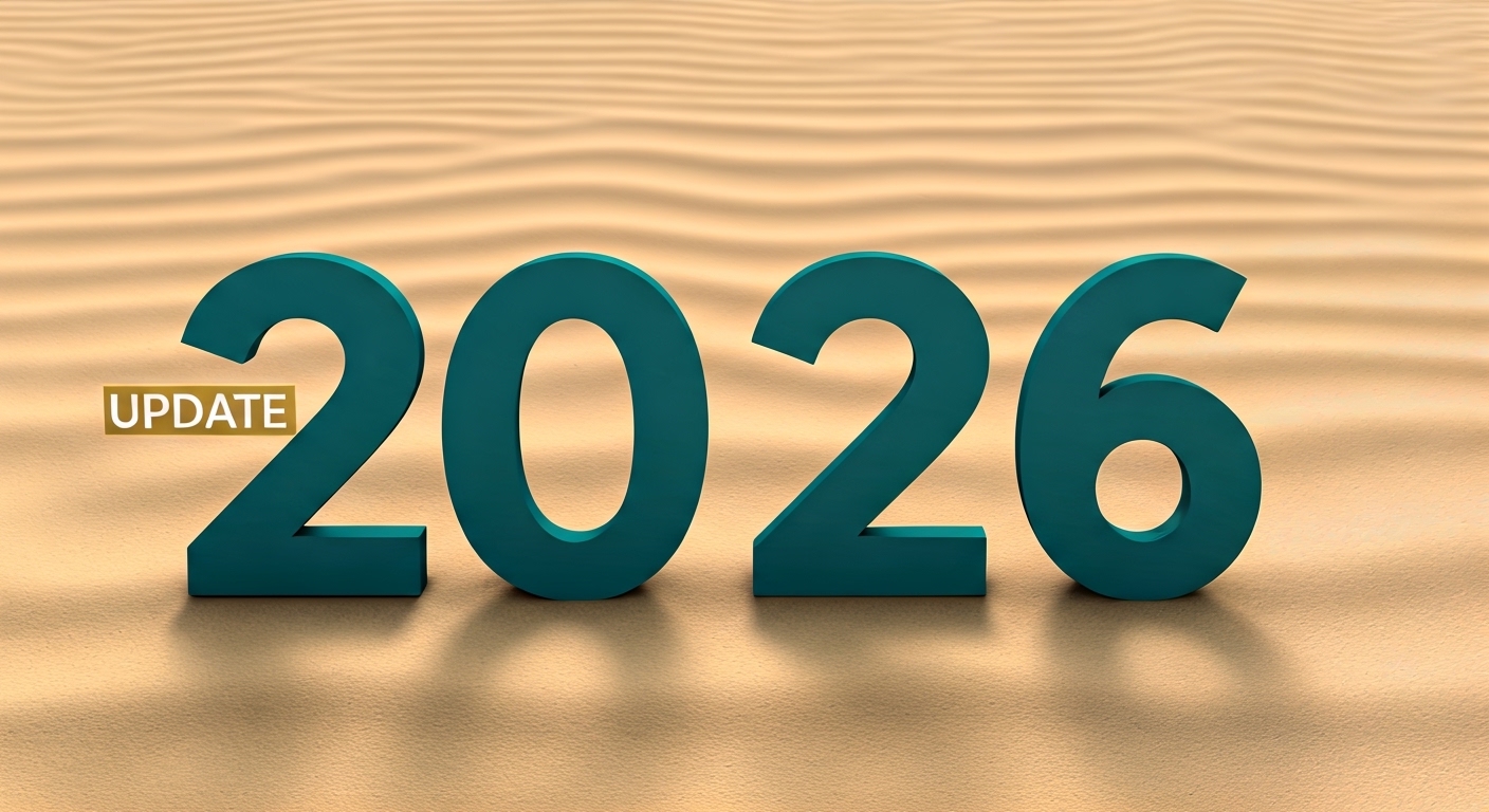 Capa tipográfica para 'Atualização 2026' com um grande '2026' em azul-petróleo e 'UPDATE' em dourado, sobre fundo areia com um padrão sutil e iluminado de rede venosa geométrica.